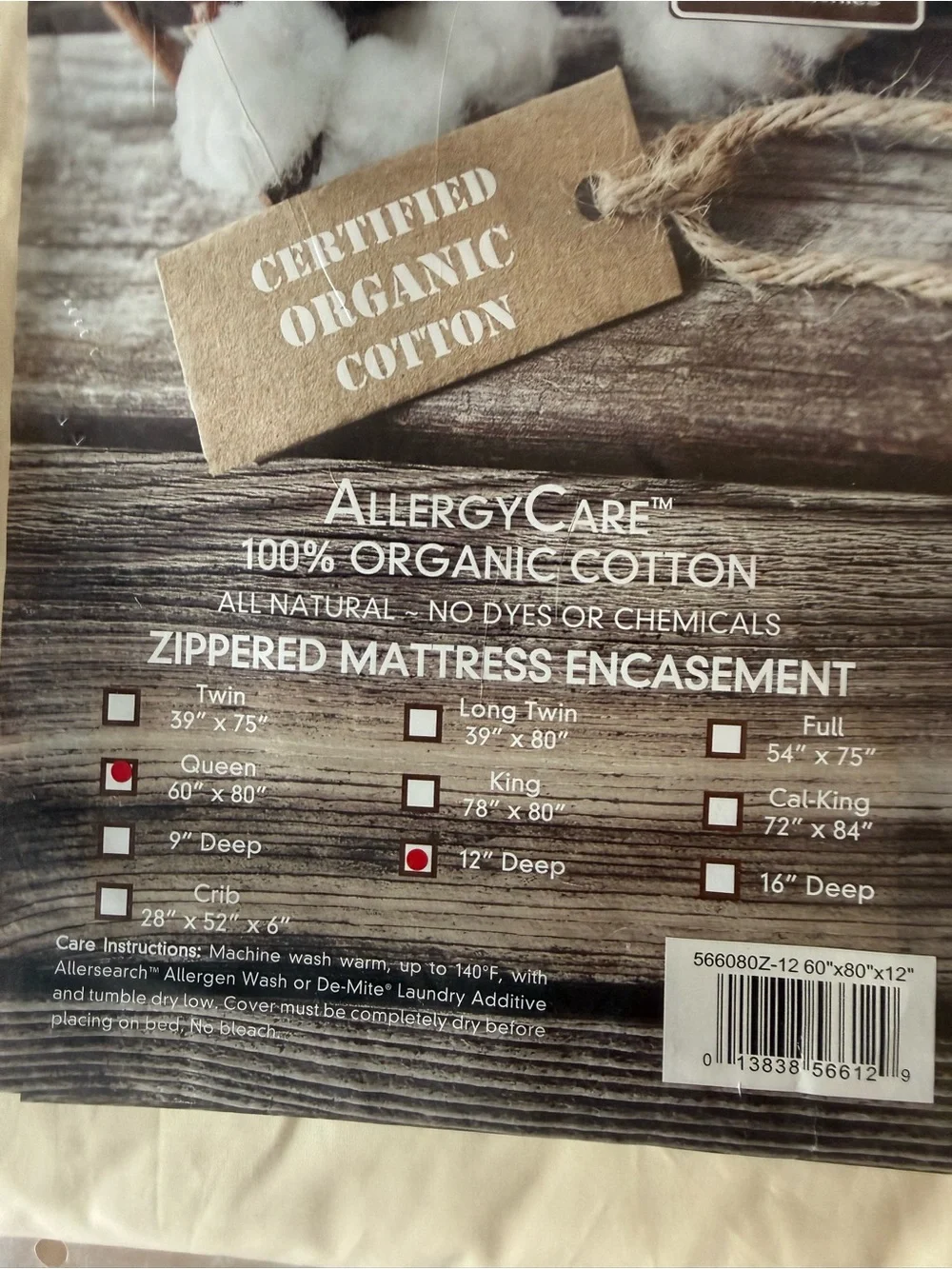 ALLERGY CARE 100% ORGANIC COTTON ZIPPERED MATTRESS ENCASEMENT QUEEN